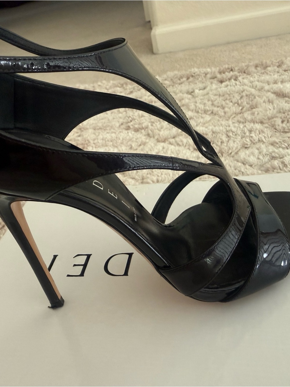 Casadei Black Patent Leather Strappy Stiletto Sandals